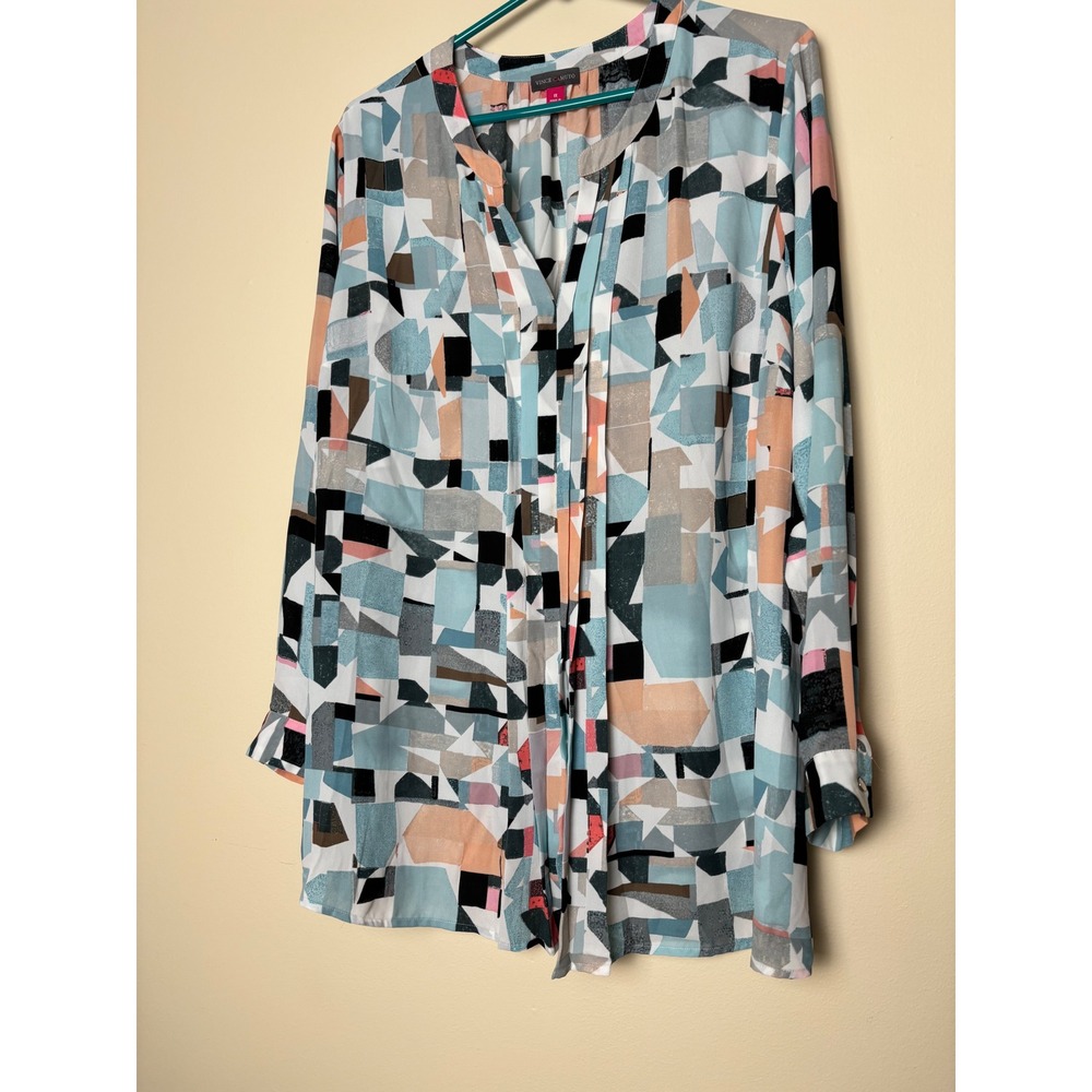 Vince Camuto Women 1X Geometric Abstract Print Split Neck Blouse Blue Pink Multi